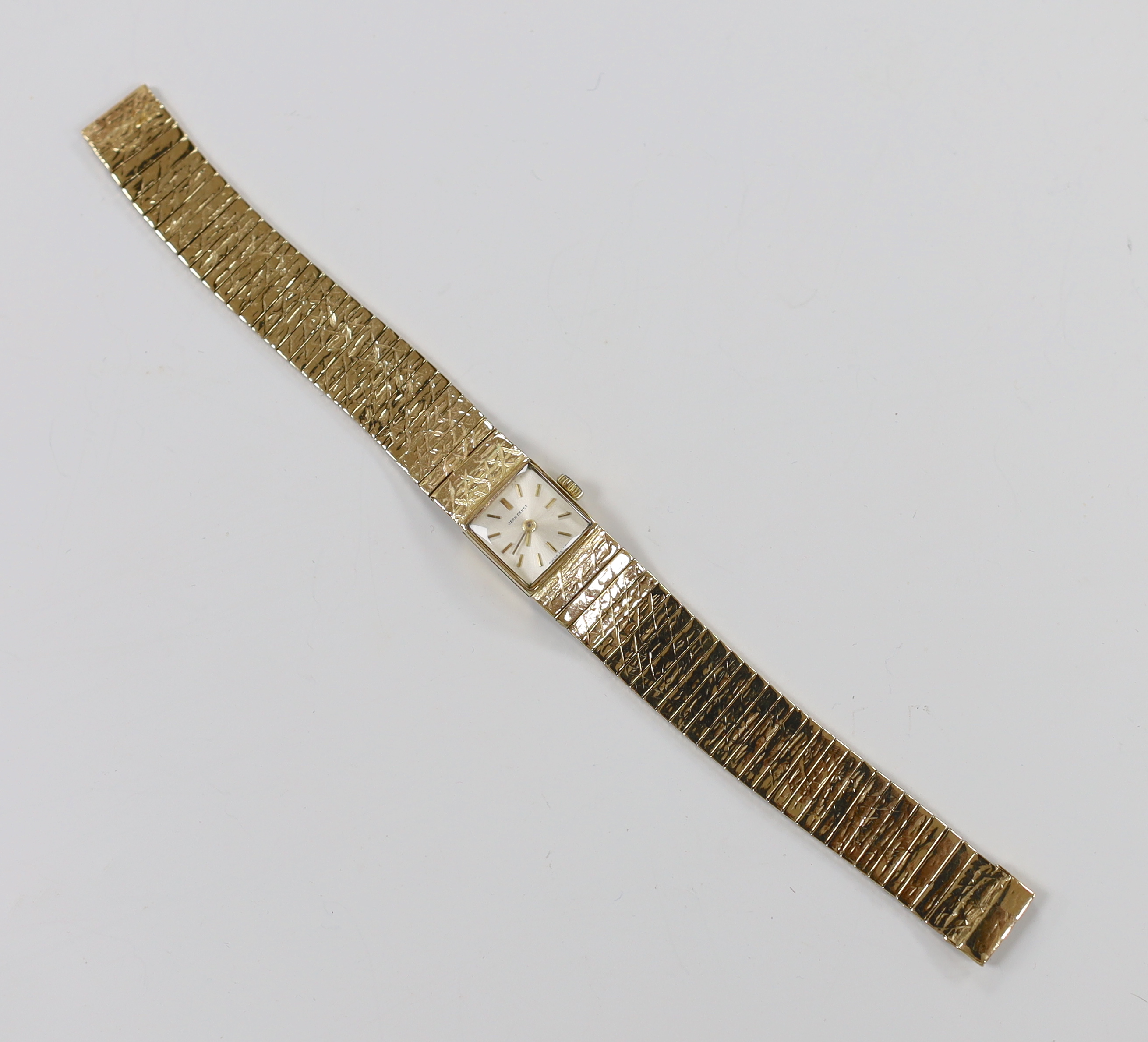 A lady's 1960's 9ct gold Jean Renet manual wind bracelet watch, overall 17.6cm, gross weight 33.6 grams.